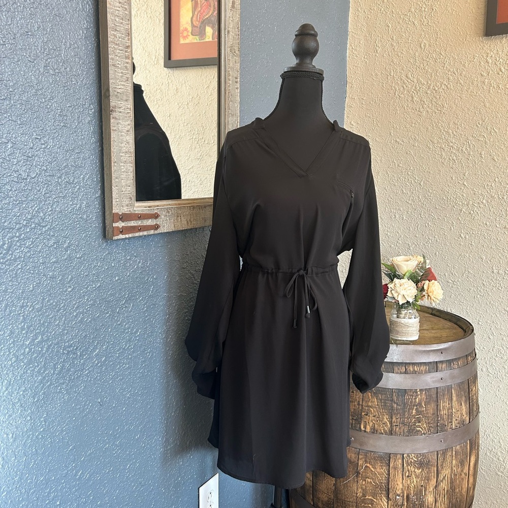 Maurices Black Long-Sleeve V-Neck Drawstring Waist Dress